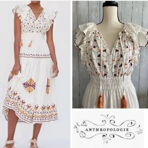 Anthropologie Embroidered RUFFLE-Sleeve Midi Dress